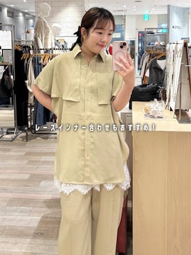 「LEPSIM（レプシィム）のマルチメリットワイドパンツ　630143（その他パンツ、ベージュ系）」を使った、yumeminさん（レディース・160cm）の春コーディネート