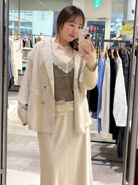 「LEPSIM（レプシィム）の《リネンライクドライシリーズ》ルーズW長袖ジャケット　639000（テーラードジャケット、ベージュ系）」を使った、yumeminさん（レディース・160cm）の春コーディネート