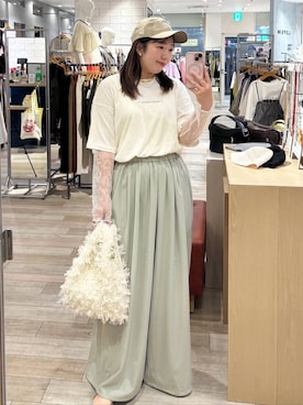「LEPSIM（レプシィム）の【NEW ERA】コットンフラックスキャップ　617079（キャップ、ベージュ系）」を使った、yumeminさん（レディース・160cm）の夏コーディネート