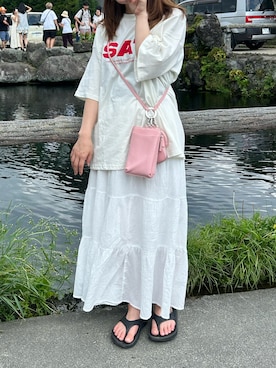 「DISCOAT（ディスコート）の【ユニセックス】DAYグラフィックTシャツ（Tシャツ/カットソー）」を使った、yunさん（レディース・145cm）の夏コーディネート