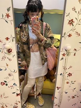 「アイテム（デニムジャケット、グリーン系）」を使った、Y🐻N🎸さん（レディース・153cm）の春コーディネート