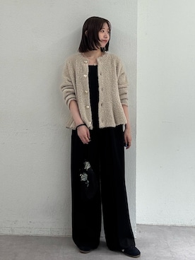 「Omekashi（オメカシ）の【YASUE・IWASAKI企画】ブークレペプラムニットカーディガン（カーディガン/ボレロ、ベージュ系）」を使った、やっすーさん（レディース・158cm）の夏コーディネート