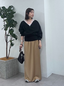 「Omekashi（オメカシ）のレースカシュクールニット（ニット/セーター、ブラック系）」を使った、やっすーさん（レディース・158cm）の秋コーディネート