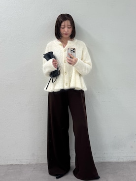 「Omekashi（オメカシ）の【YASUE・IWASAKI企画】ブークレペプラムニットカーディガン（カーディガン/ボレロ、ホワイト系）」を使った、やっすーさん（レディース・158cm）の夏コーディネート