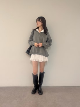 「mystic（ミスティック）のスクエアトゥロングブーツ（ブーツ）」を使った、森川小百合さん（レディース・163cm）の秋コーディネート