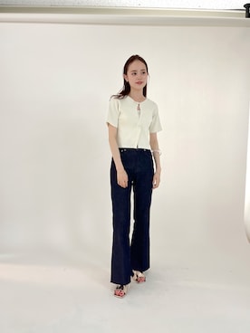 「mystic（ミスティック）のセンターステッチフレアデニム（デニムパンツ）」を使った、森川小百合さん（レディース・163cm）の春コーディネート