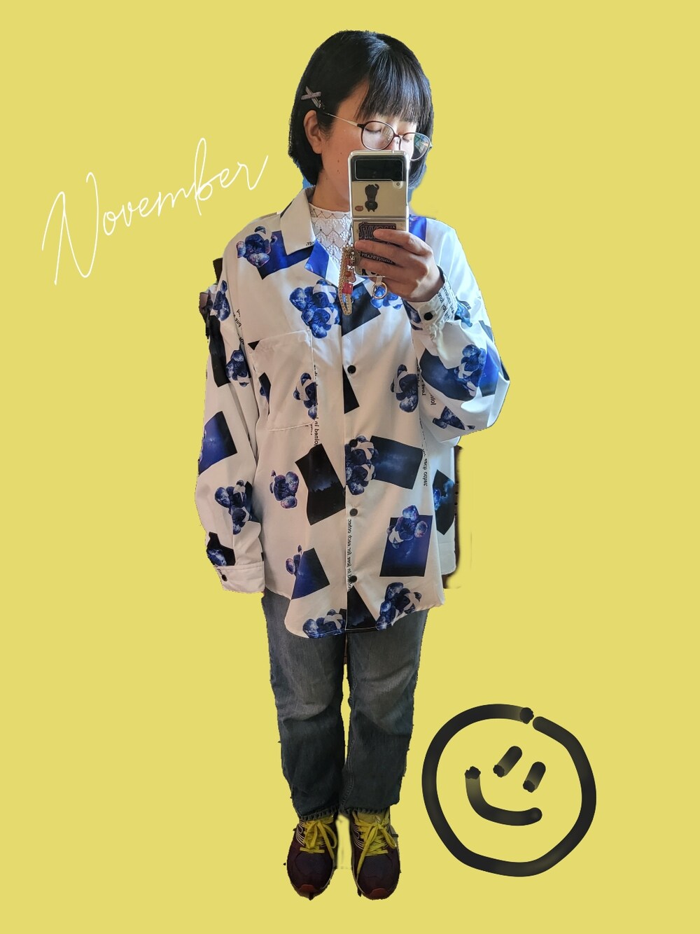 「パンツコーデ、おしゃれさんと繋がりたい、低身長女子、低身長コーデ、プチプラ、プチプラコーデ、ゆるコーデ、オーバーサイズ、メガネ女子、ビックシルエット、スニーカーコーデ」｜「CHIYODAのスニーカー（スニーカー、その他）」を使った、*spica*さん（レディース・155cm）の秋コーディネートの1枚目の写真