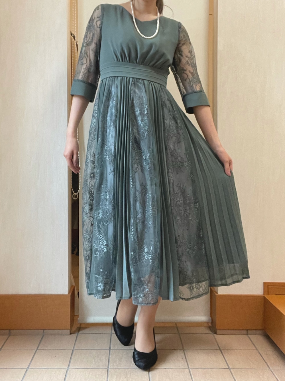 niana プリーツ×レース7分袖 結婚式ワンピースドレス同窓会二次会 niana プリーツ×レース7分袖 結婚式ワンピースドレス同窓会二次会