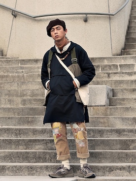 「古着好きな人と繋がりたい」｜「アイテム（ハンチング/ベレー帽）」を使った、唯家 Vegaさん（メンズ・177cm）の春コーディネート