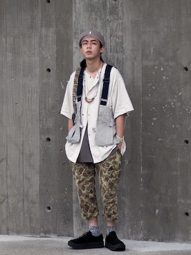 「古着好きな人と繋がりたい」｜「アイテム（ハンチング/ベレー帽）」を使った、唯家 Vegaさん（メンズ・177cm）の夏コーディネート