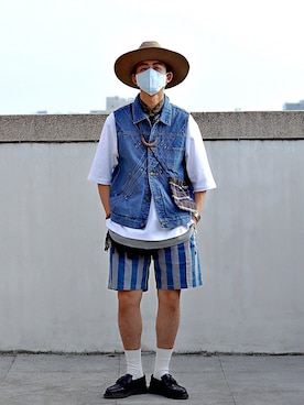 「plain-me（プレインミー）のアイテム（Tシャツ/カットソー）」を使った、唯家 Vegaさん（メンズ・177cm）の夏コーディネート