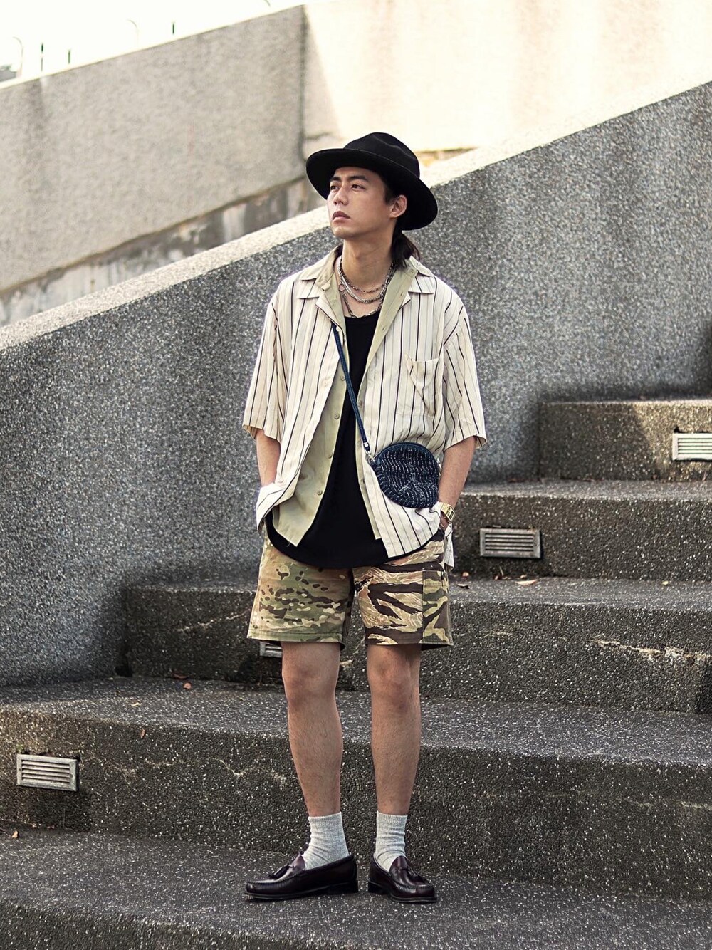 ブラウン系のローファーを着用したメンズの秋コーディネートの1枚目の写真