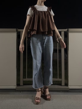 「etoll.（エトル）のリネンタッチギャザービスチェ（キャミソール）」を使った、mi-nさん（レディース・175cm）の秋コーディネート