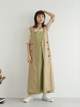 「アイテム（ワンピース/ドレス、グリーン系）」を使った、Crispさん（レディース・157cm）の夏コーディネート