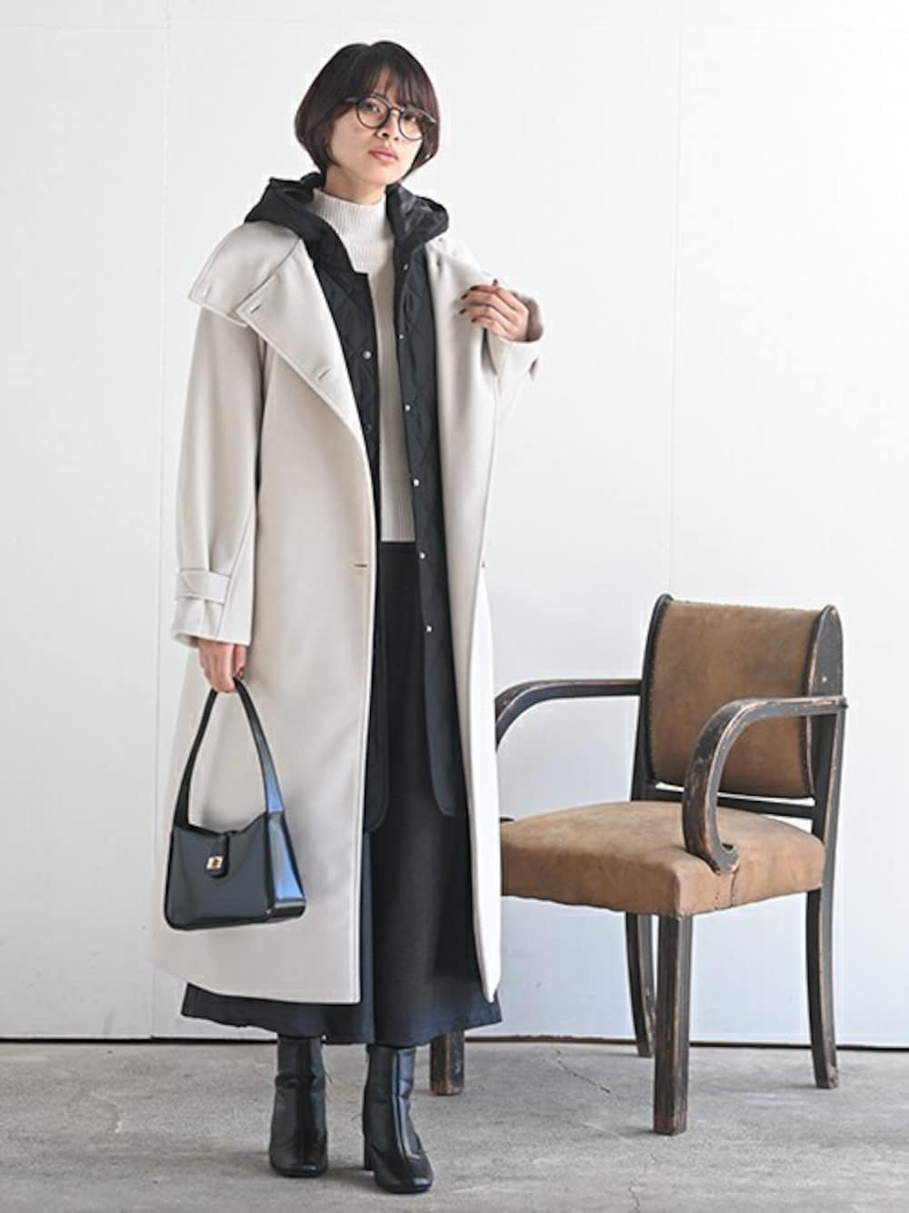 「ロングコート、大人カジュアル、プチプラ、プチプラコーデ、ロングベスト、スカーチョ、rps」｜「rpsの２ｗａｙニットモッサスタンドカラーロングコート（その他アウター、ホワイト系）」を使った、rps_freakさん（レディース・164cm）の冬コーディネートの1枚目の写真