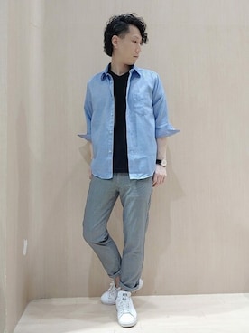 「TAKA-Q（タカキュー）のアイテム（パンツ）」を使った、TAKA-Q スタッフさん（メンズ・168cm）の夏コーディネート