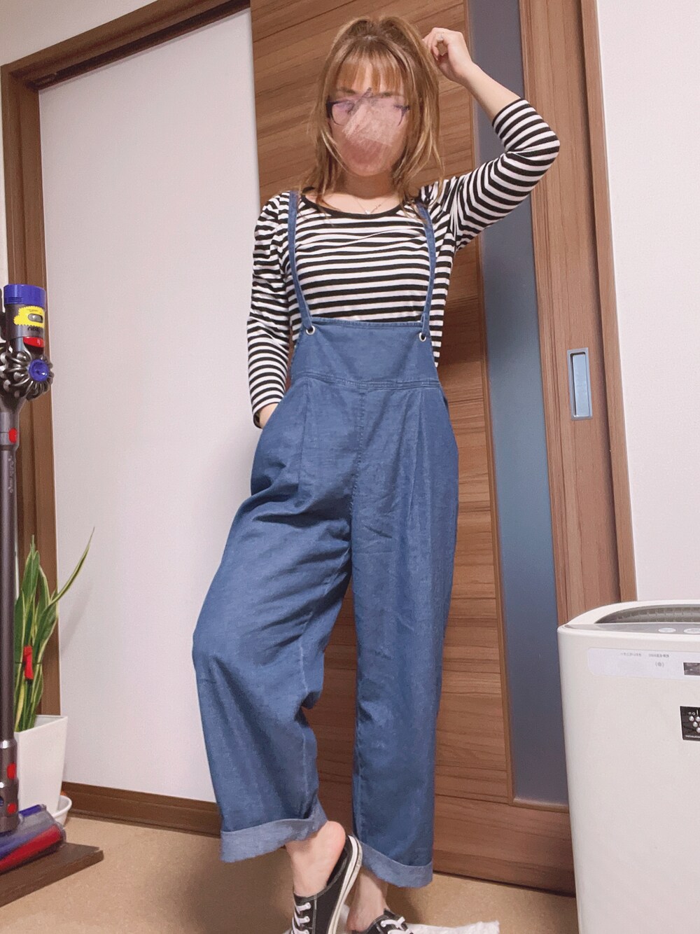 「低身長、しまむら、シンプルスタイル、シンプルコーデ、ボーダー」｜「しまむらのアイテム（オールインワン・サロペット、ブルー系）」を使った、aiko❤️さん（レディース・153cm）の春コーディネートの1枚目の写真