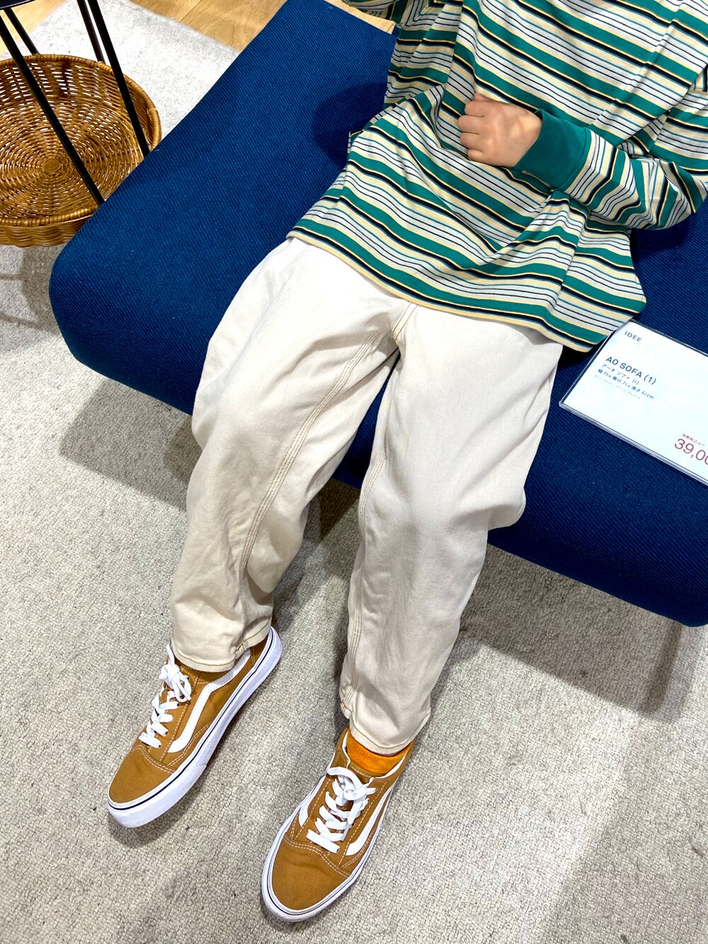 「マルチボーダー、ボーダー、グリーン、ベージュ、VANS、universaloverall」｜「B:MING by BEAMSのUNIVERSAL OVERALL × B:MING by BEAMS / 別注Painter パンツ 19SS（その他パンツ、ホワイト系）」を使った、kenmoxさん（キッズ・123cm）の秋コーディネートの1枚目の写真