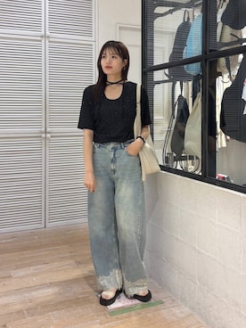 「LOWRYS FARM（ローリーズファーム）のラインストーンプルオーバーＳＳ 1045217（Tシャツ/カットソー、ブラック系）」を使った、waka72002さん（レディース）の夏コーディネート