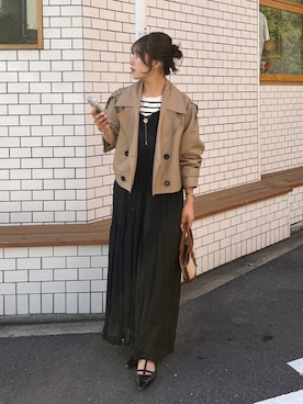 「Thevon（ゼボン）のワッシャープリーツキャミワンピース（ワンピース、ブラック系）」を使った、mayuさん（レディース・157cm）の春コーディネート
