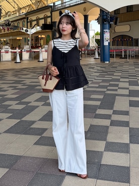 「Thevon（ゼボン）のフロントリボンビスチェセットアップ（つなぎ/オールインワン、ブラック系）」を使った、mayuさん（レディース・157cm）の夏コーディネート