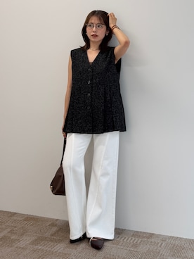 「Thevon（ゼボン）のサマーツイードプリーツベスト（ベスト、ブラック系）」を使った、mayuさん（レディース・157cm）の夏コーディネート