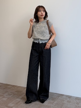 「Thevon（ゼボン）のウエストレースドッキングデニムパンツ（デニムパンツ、ブラック系）」を使った、mayuさん（レディース・157cm）の夏コーディネート