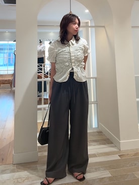 「mystic（ミスティック）の【3サイズ展開◎】ラインストーンWベルトパンツ（スラックス、グレー系）」を使った、horieyumiさん（レディース・156cm）の夏コーディネート