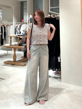 「mystic（ミスティック）のツイードリボンフレンチT（Tシャツ/カットソー、ピンク系）」を使った、horieyumiさん（レディース・156cm）の夏コーディネート