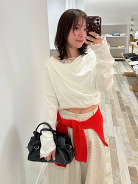 「mystic（ミスティック）の【4色展開 / 一枚で決まる】レースドッキングオフショルロンT（Tシャツ/カットソー、ホワイト系）」を使った、horieyumiさん（レディース・156cm）の春コーディネート