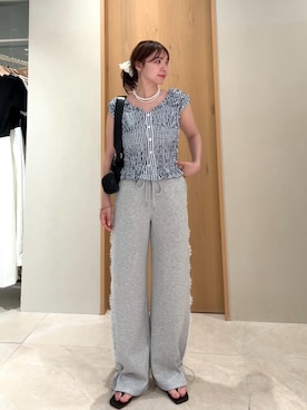 「mystic（ミスティック）の【3サイズ展開】裾ドロストスウェットパンツ（スウェットパンツ、グレー系）」を使った、horieyumiさん（レディース・156cm）の夏コーディネート