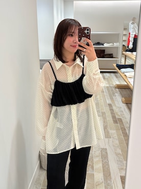 「mystic（ミスティック）の【着回し抜群/SETアイテム】シアーシャツビスチェSET（シャツ/ブラウス、ホワイト系）」を使った、horieyumiさん（レディース・156cm）の春コーディネート