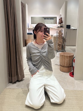 「mystic（ミスティック）のギャザーレースリブカーディガン（Tシャツ/カットソー、ホワイト系）」を使った、horieyumiさん（レディース・156cm）の春コーディネート