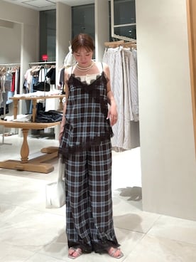 「mystic（ミスティック）の【レイヤードスタイルに◎】チェックヘムキャミチュニック（シャツ/ブラウス、ブラウン系）」を使った、horieyumiさん（レディース・156cm）の夏コーディネート