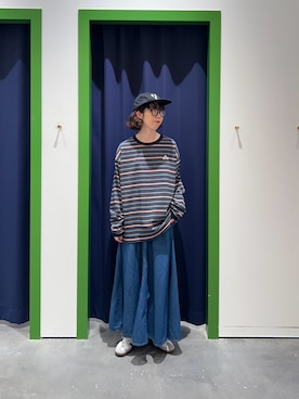 「GEVACO（ゲバコ）の【GEVACO】ボーダーベーシックロンTEE（Tシャツ/カットソー、ブルー系）」を使った、risakoさん（レディース・160cm）の春コーディネート