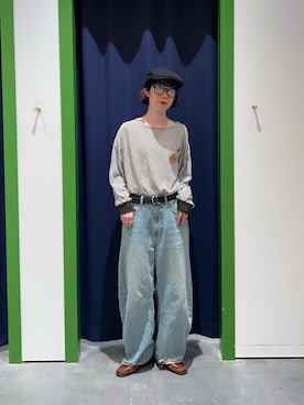 「CIAOPANIC TYPY（チャオパニックティピー）のシアーボーダーロンTee（Tシャツ/カットソー、グレー系）」を使った、risakoさん（レディース・160cm）の春コーディネート