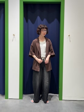 「CIAOPANIC TYPY（チャオパニックティピー）の【さらっとした着心地】リネン混ゆったり半袖シャツジャケット（テーラードジャケット）」を使った、risakoさん（レディース・160cm・30代）の夏コーディネート