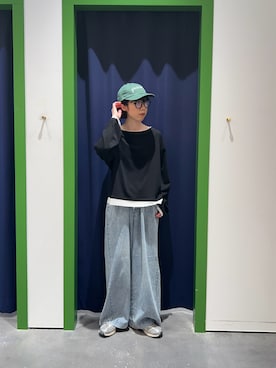 「CIAOPANIC TYPY（チャオパニックティピー）の【低身長・高身長対応/サイズ展開あり】スタイルアップ柔らかワイドイージーパンツ/デニム/スラックス（デニムパンツ、ブルー系）」を使った、risakoさん（レディース・160cm）の夏コーディネート