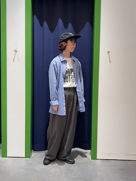 「CIAOPANIC TYPY（チャオパニックティピー）の【UNISEX】タックボリュームワイドスラックスパンツ/サイドラインスラックス（スラックス、グレー系）」を使った、risakoさん（レディース・160cm）の夏コーディネート