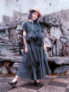 「SYDNNIのアイテム（帽子、ベージュ系）」を使った、シドニーさん（レディース・163cm）の夏コーディネート