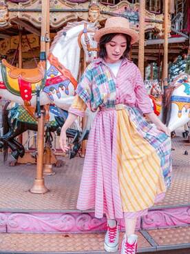 「Panama Hat（パナマハット）のアイテム（ハット、ベージュ系）」を使った、シドニーさん（レディース・163cm）の夏コーディネート