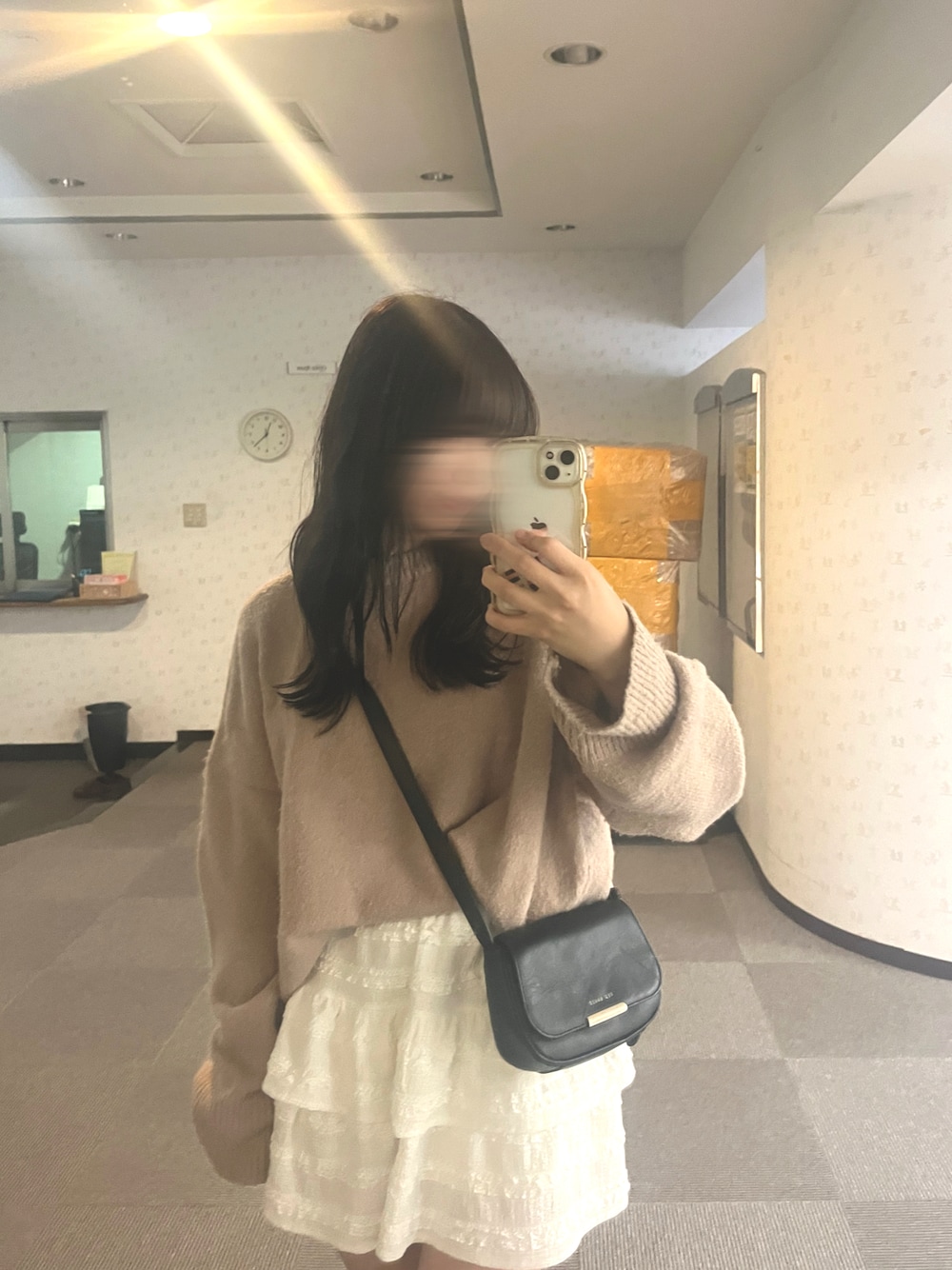 「JKコーデ、くすみピンク、バレエコア」｜「GRLのアイテム（ニット/セーター、ピンク系）」を使った、おみみ。さん（レディース・157cm）の冬コーディネートの1枚目の写真