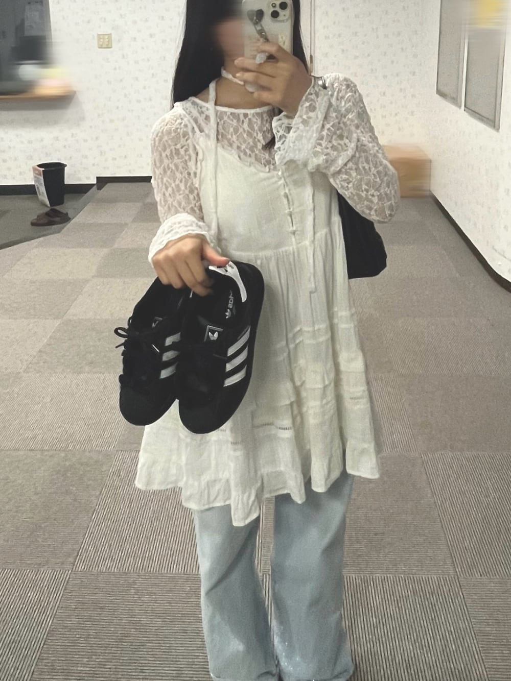 「JK、レイヤードスタイル、レーストップス、キャミワンピ、カジュアルガーリー、韓国系、バレエコア、ウィッシュコア」｜「mlineの[mline]ボディスーツ レースチョーカー（シャツ/ブラウス、ホワイト系）」を使った、おみみ。さん（骨格ストレート・レディース・158cm）の夏コーディネートの1枚目の写真