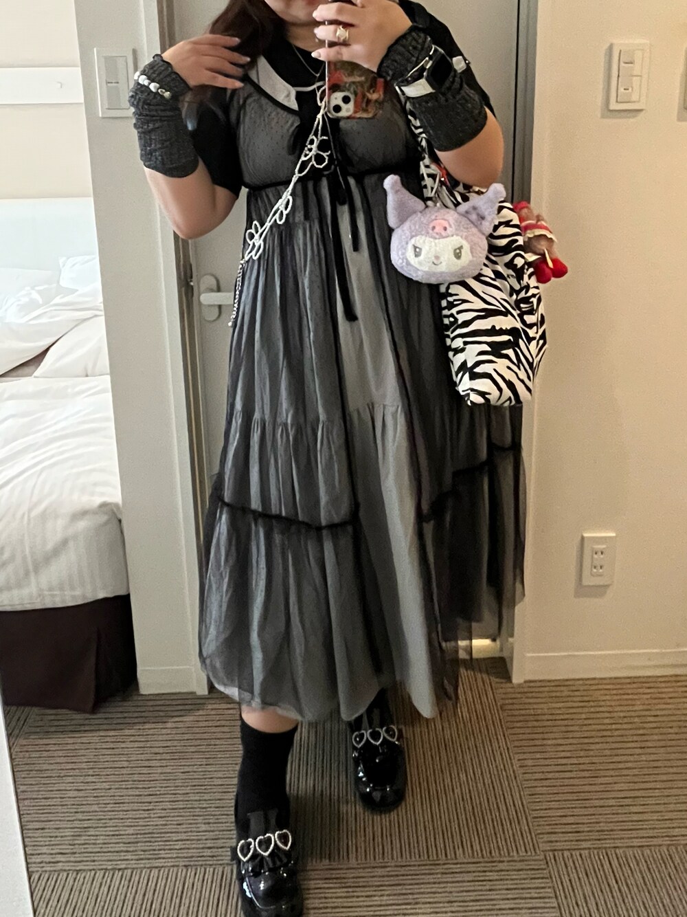 「VISの【前後2WAY】ミニドットチュールキャミワンピース（ワンピース、ブラック系）」を使った、sakiさん（レディース・165cm）の夏コーディネートの1枚目の写真