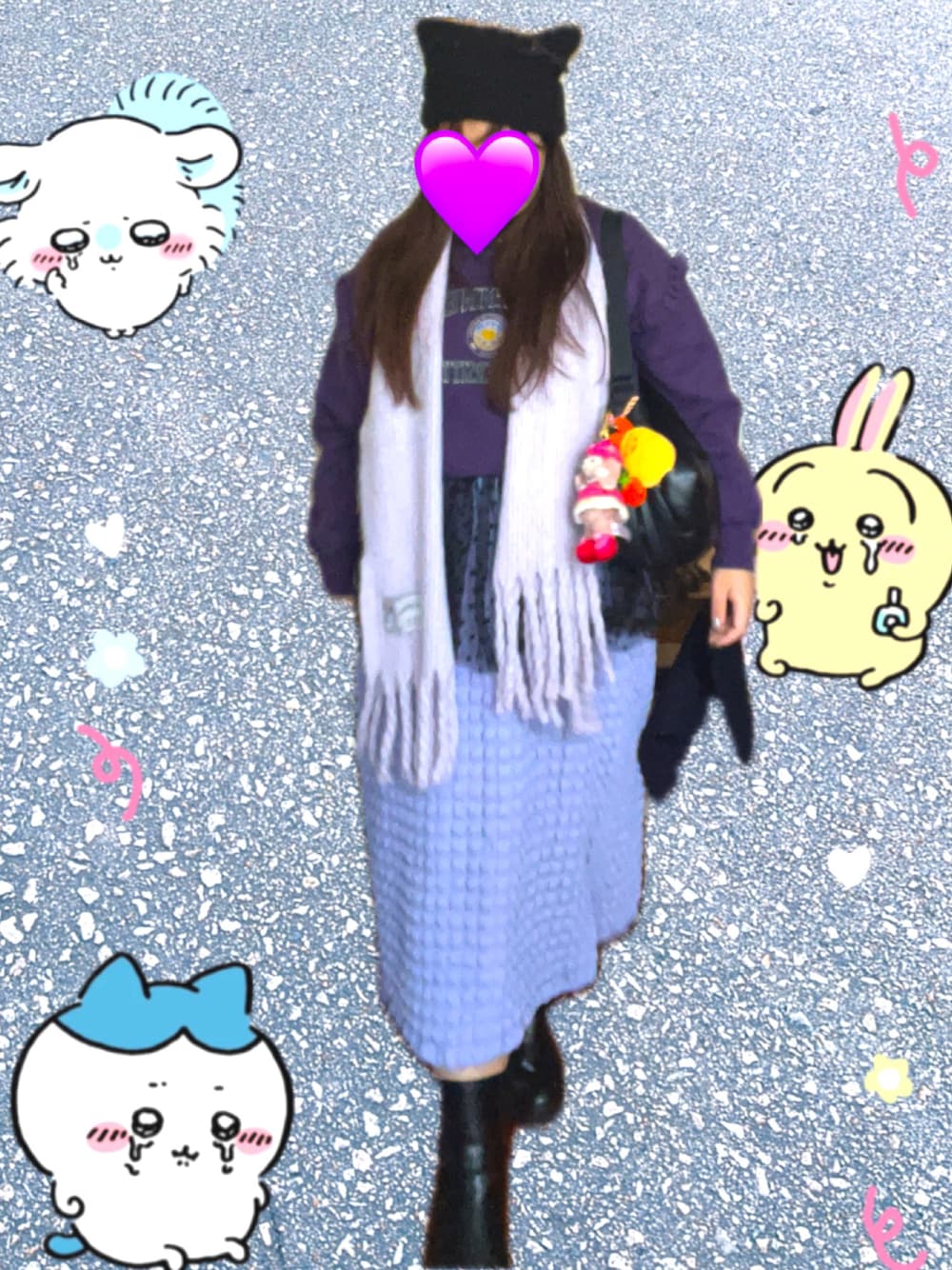 「紫」｜「UNIQLOのアイテム（バッグ、ブラック系）」を使った、sakiさん（レディース・166cm）の冬コーディネートの1枚目の写真