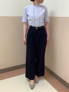 「TOKYO SHIRTS（トウキョウシャツ）の【吸水速乾】【COFREX】スタンド衿 ピンタック ブラウス 五分袖 レディースデザインシャツ（シャツ/ブラウス、ブルー系）」を使った、BRICK HOUSE シャツ工房 直方イオンモール店さん（レディース・162cm）の夏コーディネート