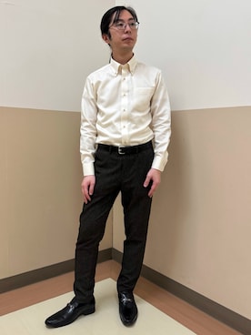 「TOKYO SHIRTS（トウキョウシャツ）の形態安定ノンアイロン ボタンダウン 長袖ビジネスワイシャツ（ビジネスシャツ、イエロー系）」を使った、BRICK HOUSE シャツ工房 直方イオンモール店さん（レディース・154cm）の春コーディネート