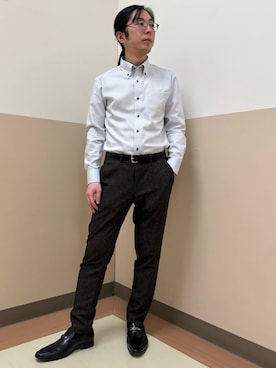 「TOKYO SHIRTS（トウキョウシャツ）の形態安定ノンアイロン ボタンダウン 長袖ビジネスワイシャツ（ビジネスシャツ、グレー系）」を使った、BRICK HOUSE シャツ工房 直方イオンモール店さん（レディース・154cm）の春コーディネート