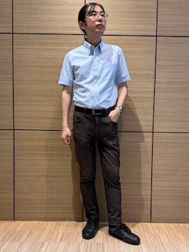 「TOKYO SHIRTS（トウキョウシャツ）の【超形態安定】【吸水速乾】  形態安定ノンアイロン ボタンダウン 半袖ビジネスワイシャツ（ビジネスシャツ、ブルー系）」を使った、BRICK HOUSE シャツ工房 直方イオンモール店さん（レディース・162cm）の夏コーディネート