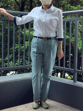 「TOKYO SHIRTS（トウキョウシャツ）の【透け防止】 形態安定ノンアイロン ワイド 7分袖ビジネスワイシャツ（ビジネスシャツ、グリーン系）」を使った、BRICK HOUSE シャツ工房 直方イオンモール店さん（レディース・162cm）の夏コーディネート